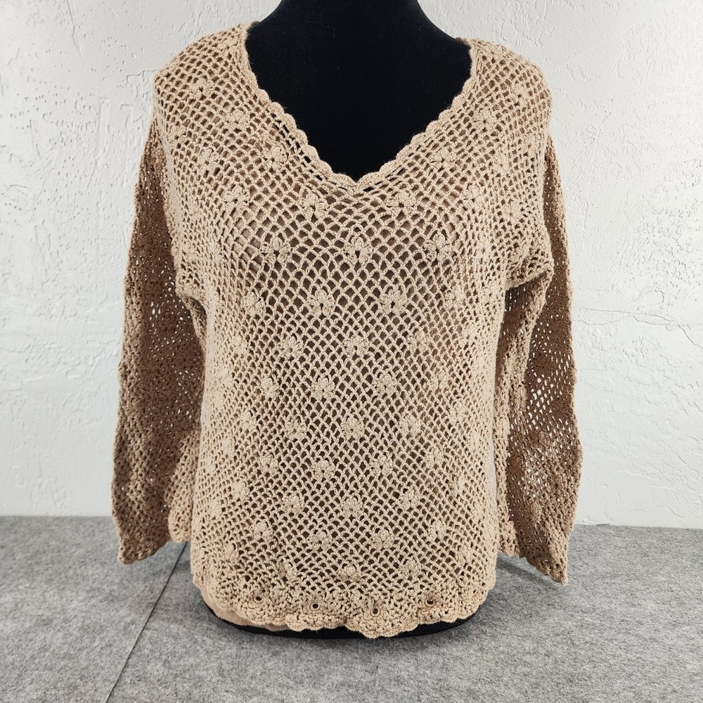 Croft & Barrow Tan Crochet Knit V-Neck Long Sleeve Sweater Boho Womens Medium